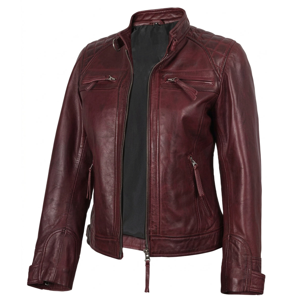 Women's Maroon Wax Leather Cafe-Racer Jacket