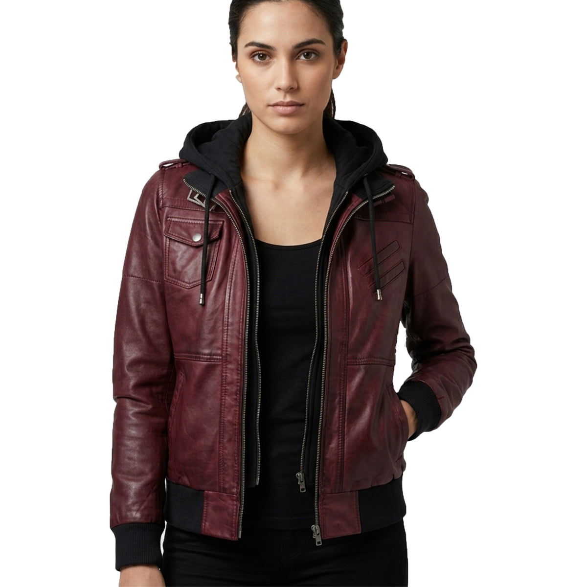 Women’s  Bomber – Detachable Hood Maroon Leather Jacket