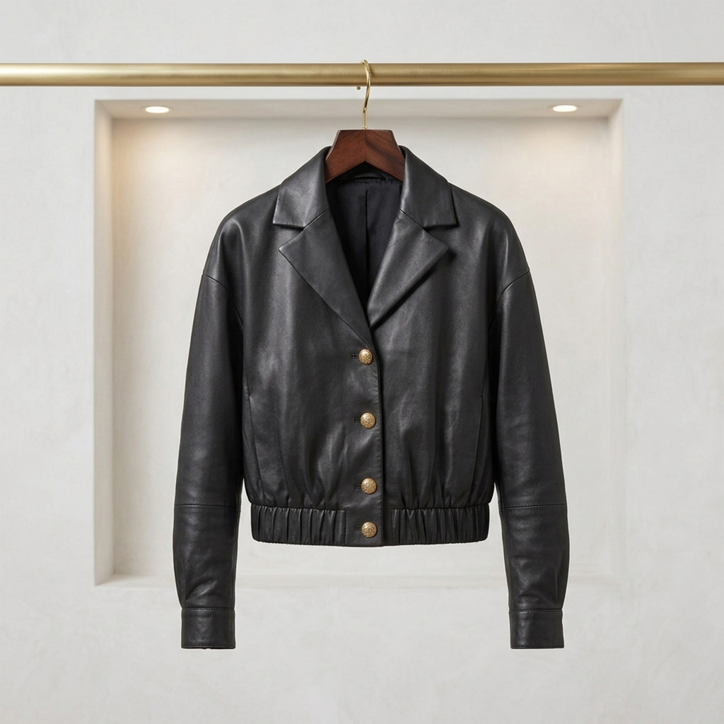 Women's Black Drop Shoulder Cropped Leather Lapel Jacket