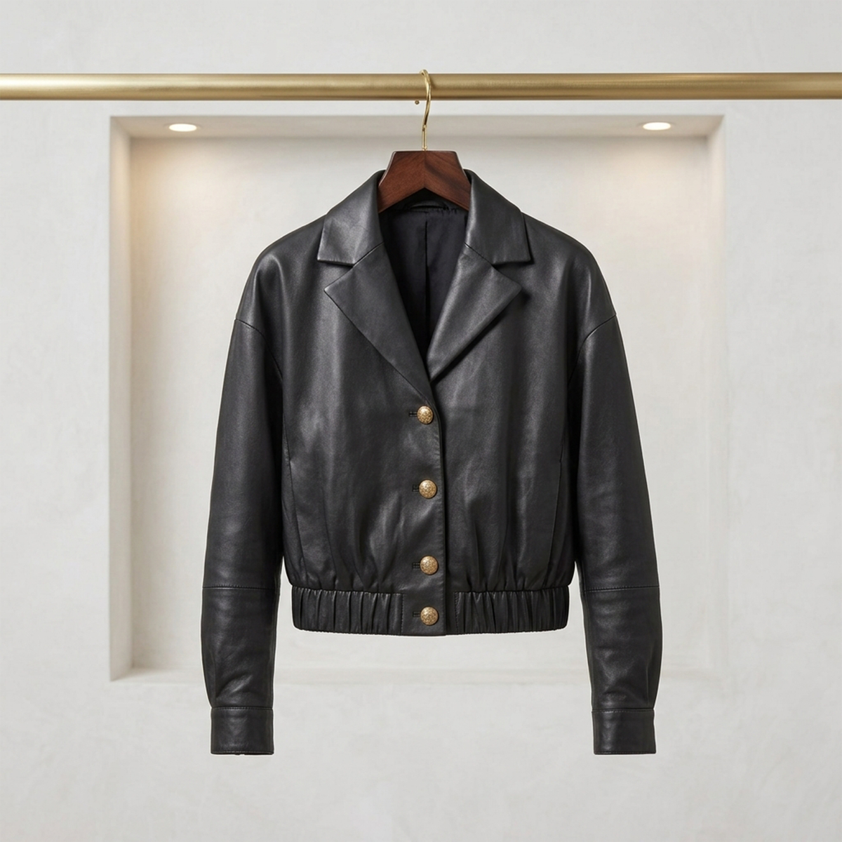 Women's Black Drop Shoulder Cropped Leather Lapel Jacket