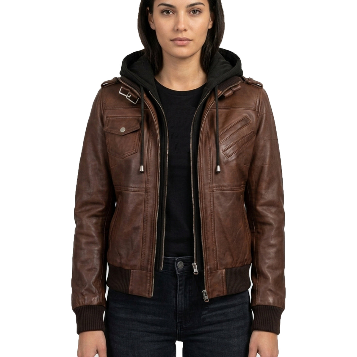Women’s Bomber – Detachable Hood Cognac Wax Leather Jacket