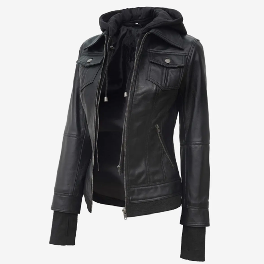 Women’s Black Leather Jacket – 2-in-1 Detachable Hood