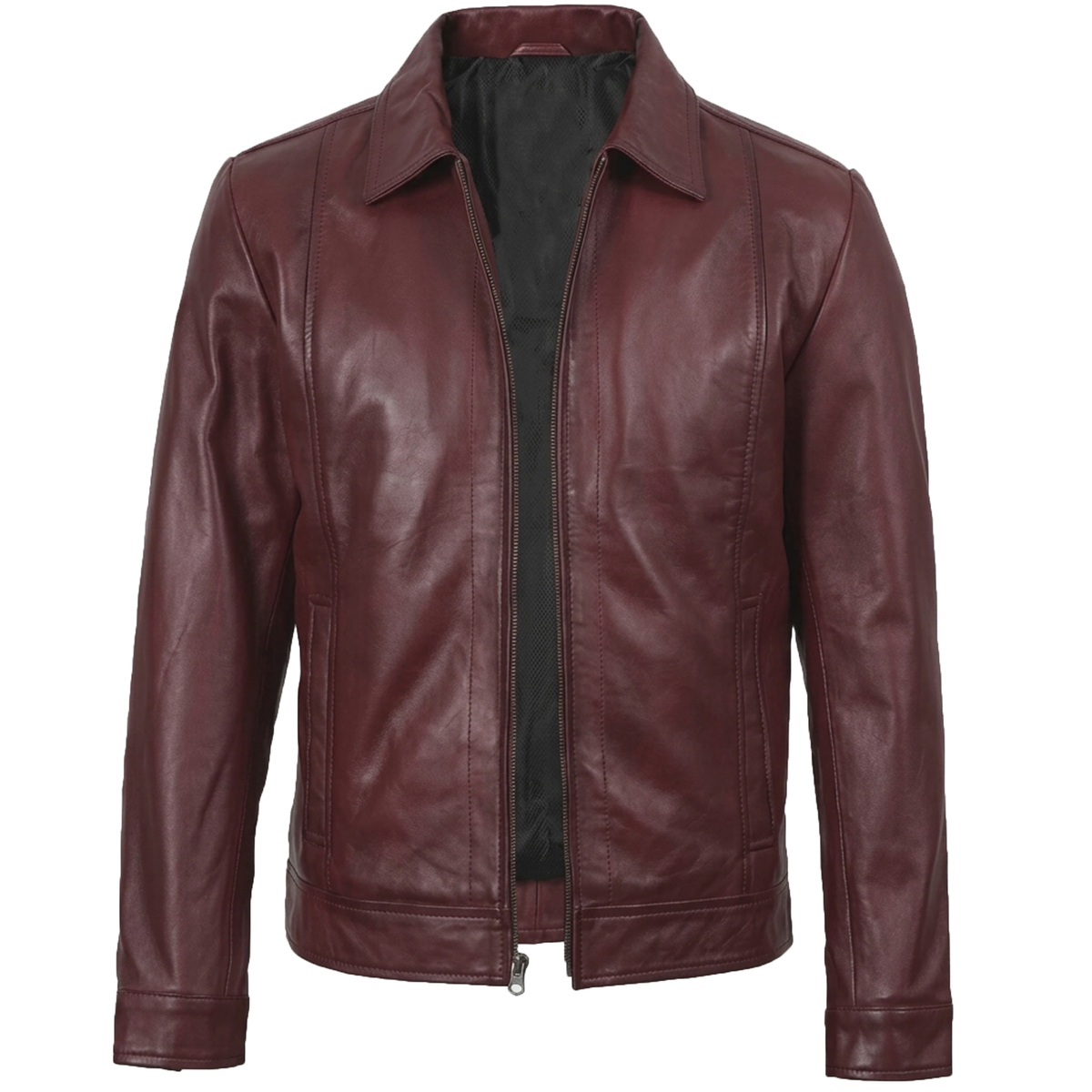 Men’s Vintage-Style Shirt Collar Leather Jacket Maroon Waxed