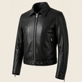 Men Belted Shirt-Collar Leather Jacket Black
