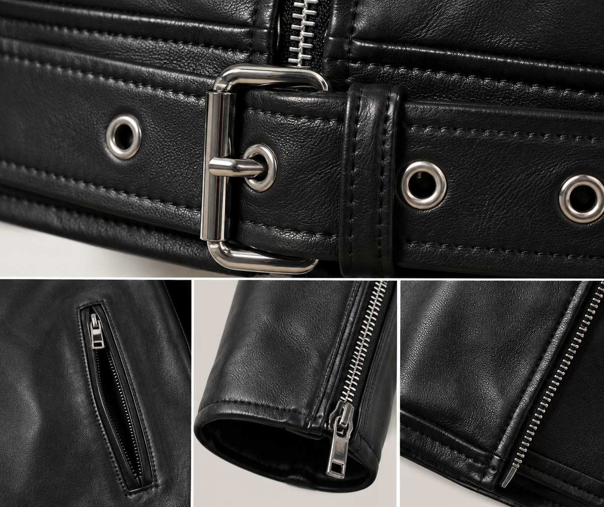 Men Belted Shirt-Collar Leather Jacket Black