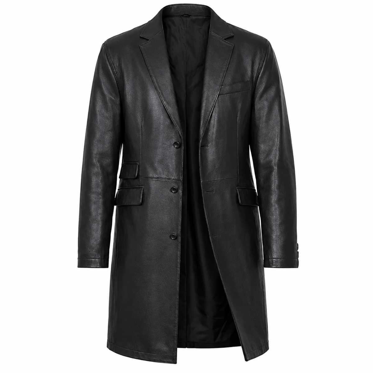 Men Black Leather 3/4 Trench Coat