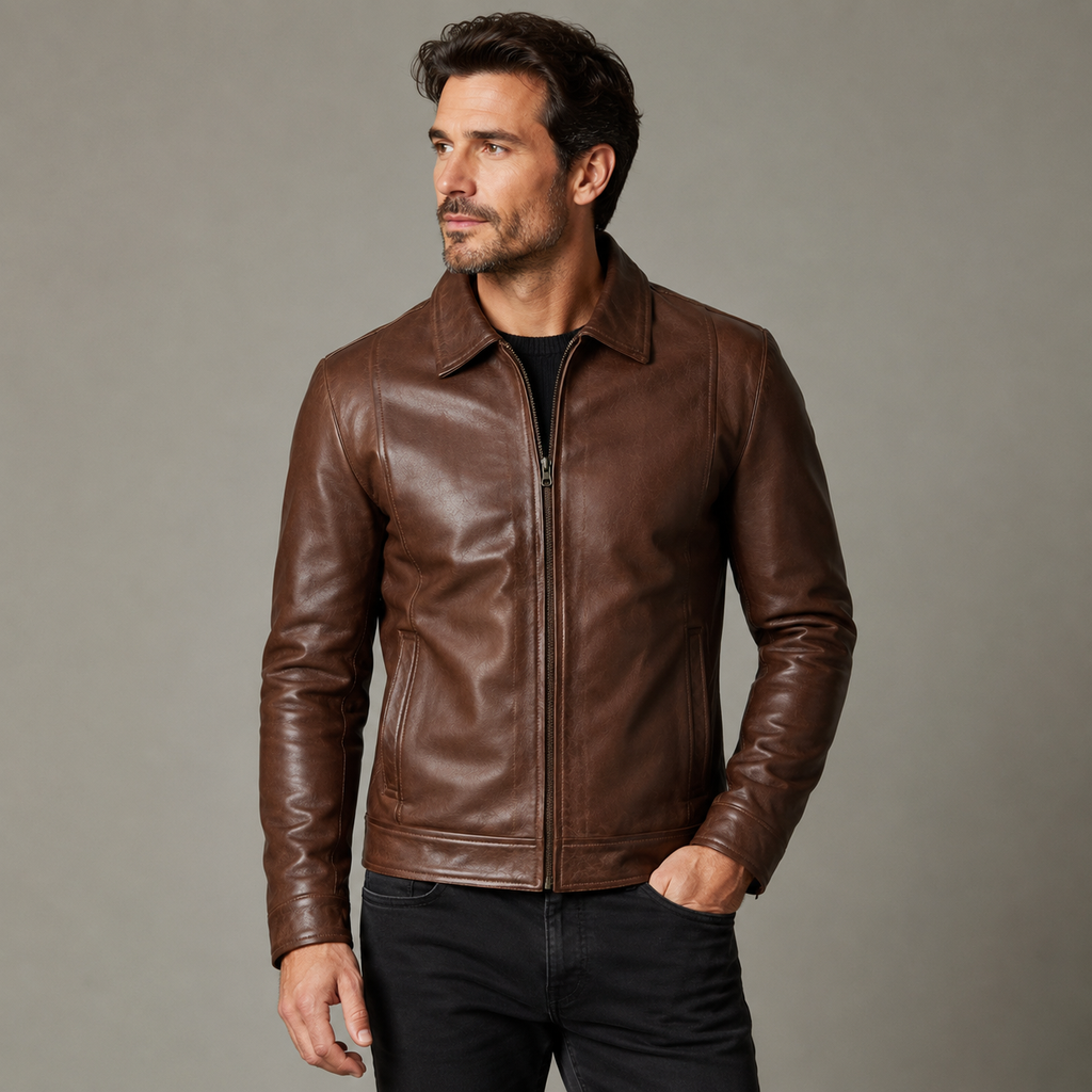 Men’s Vintage-Style Shirt Collar Leather Jacket Cognac Waxed