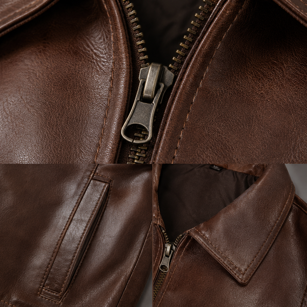 Men’s Vintage-Style Shirt Collar Leather Jacket Cognac Waxed