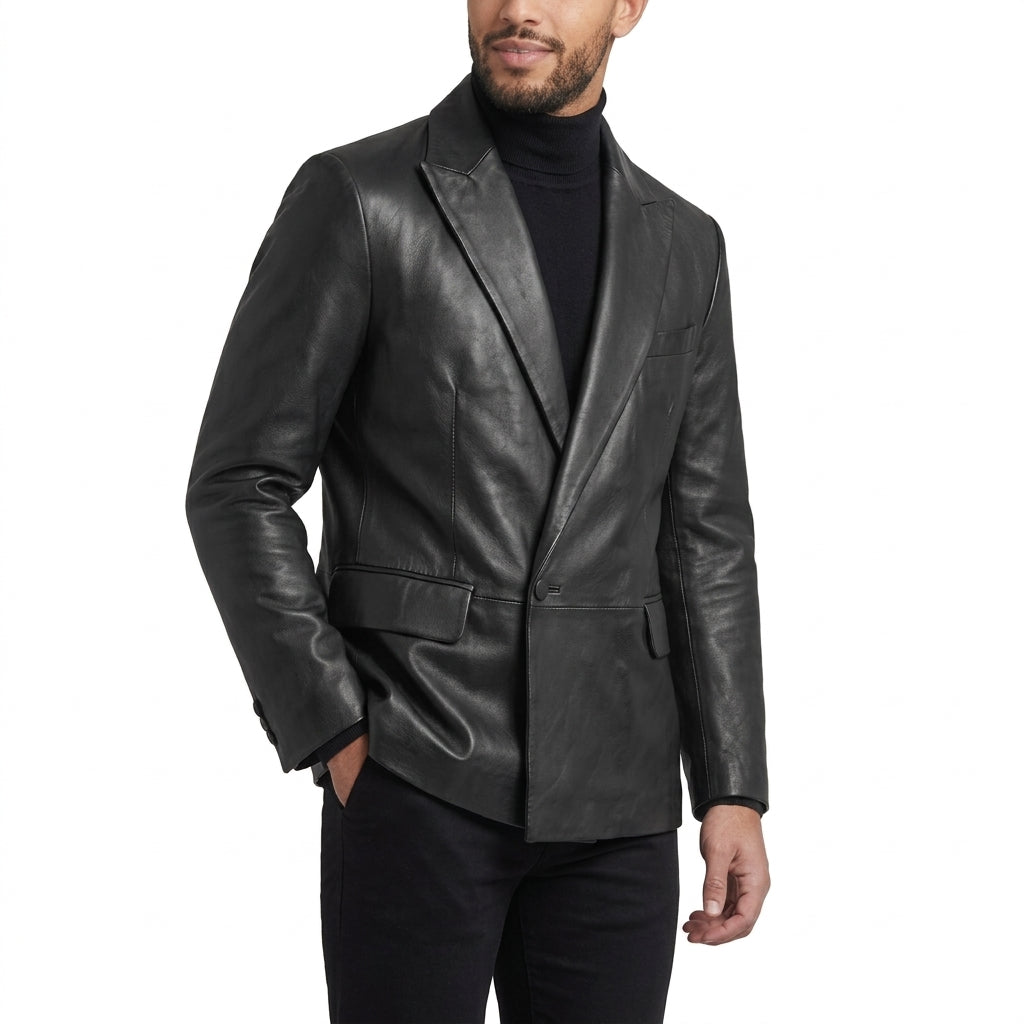 Men Black One-Button Leather Blazer