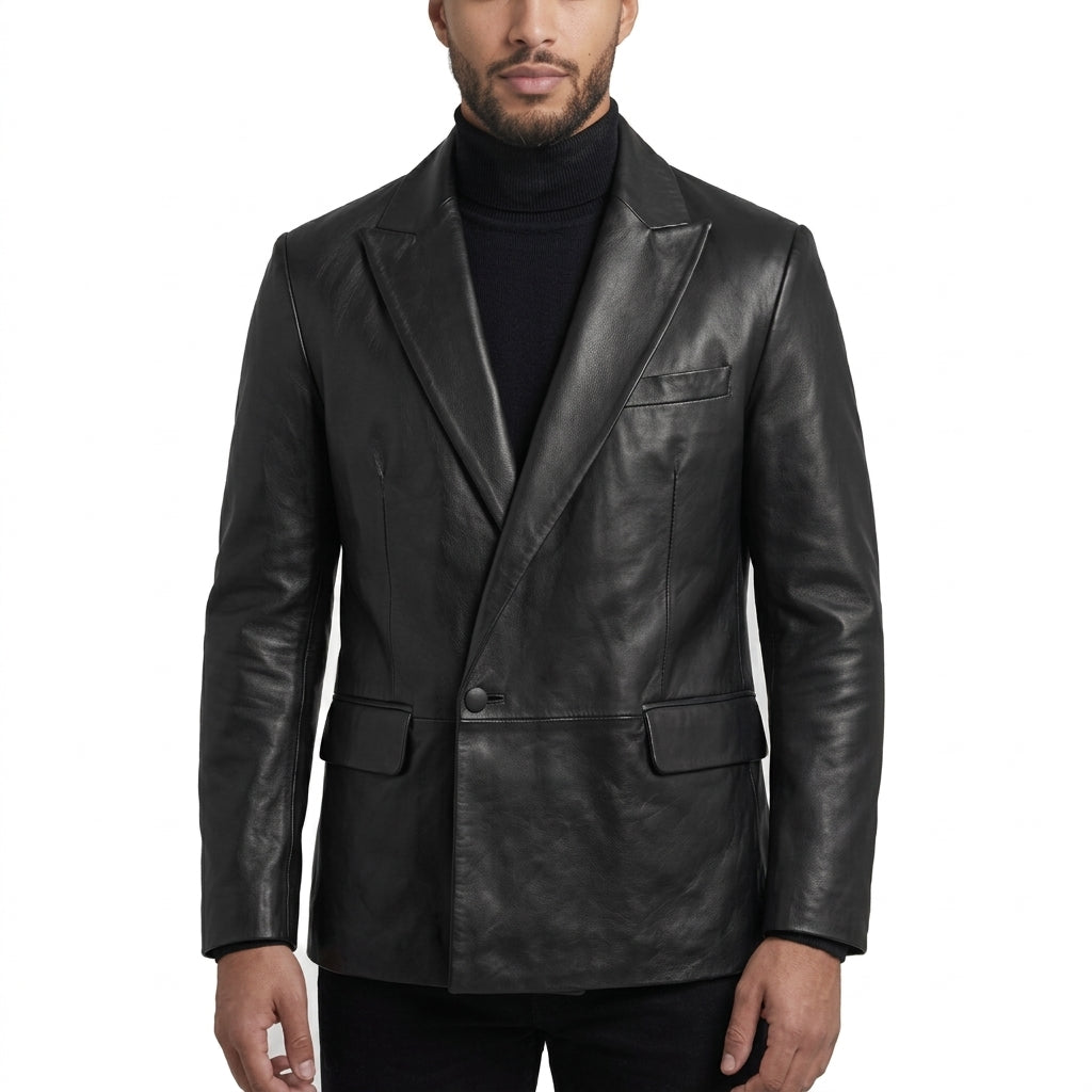 Men Black One-Button Leather Blazer