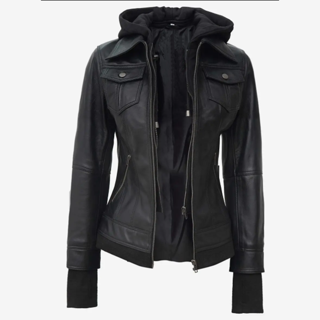 Women’s Black Leather Jacket – 2-in-1 Detachable Hood