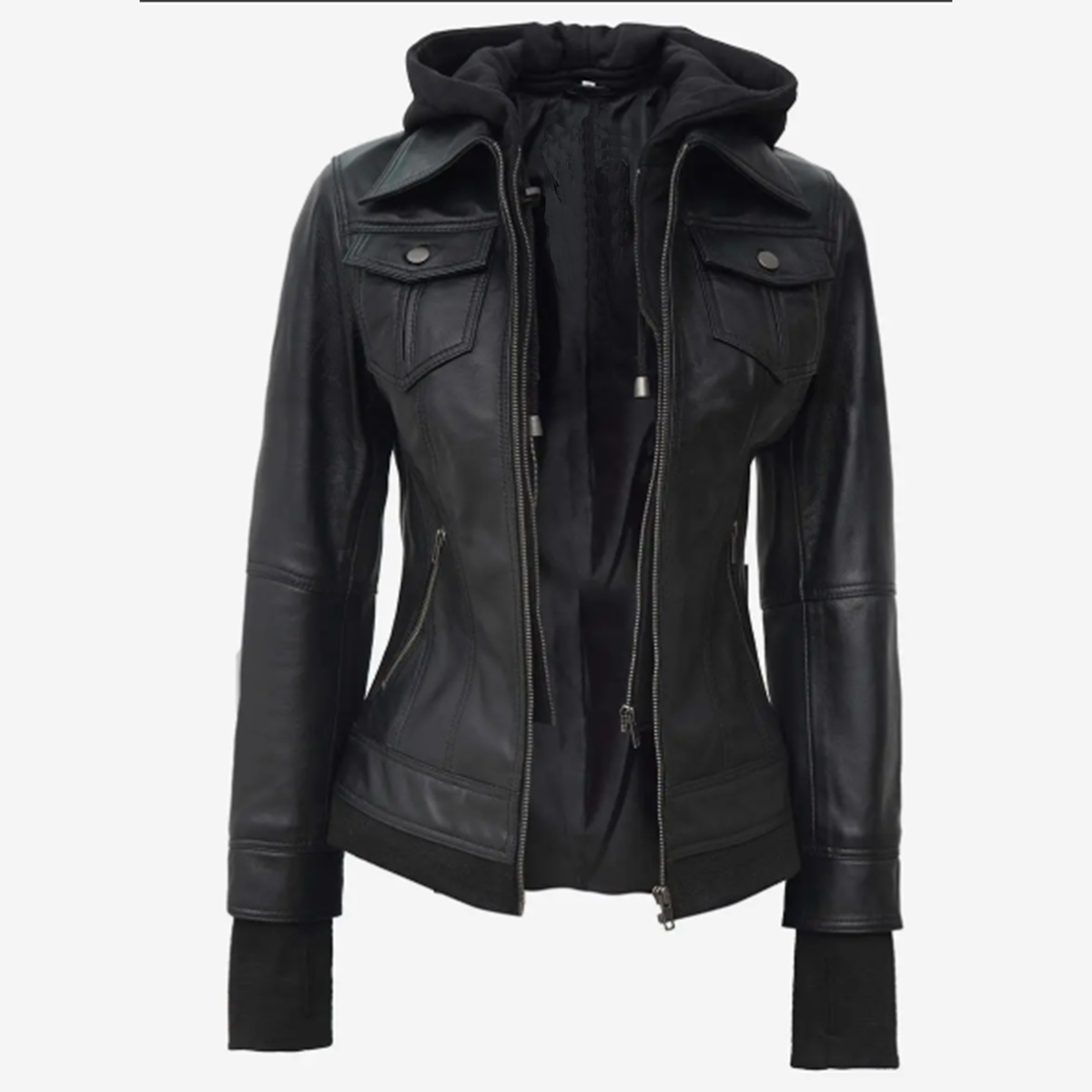 Women’s Black Leather Jacket – 2-in-1 Detachable Hood