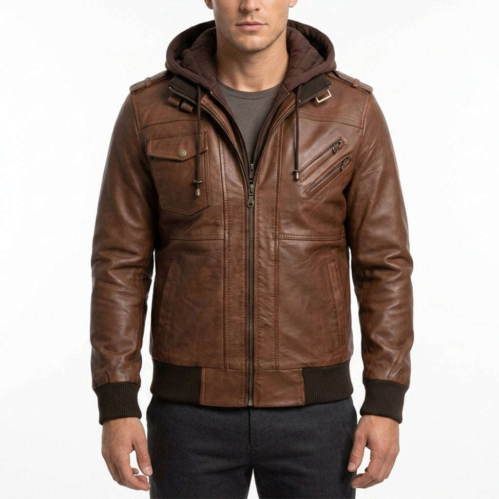 Men’s Cognac Wax Leather Bomber Jacket with Detachable Hood