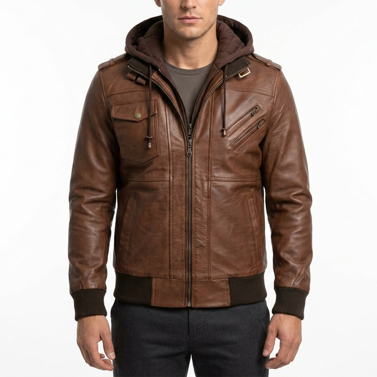 Men’s Cognac Wax Leather Bomber Jacket with Detachable Hood