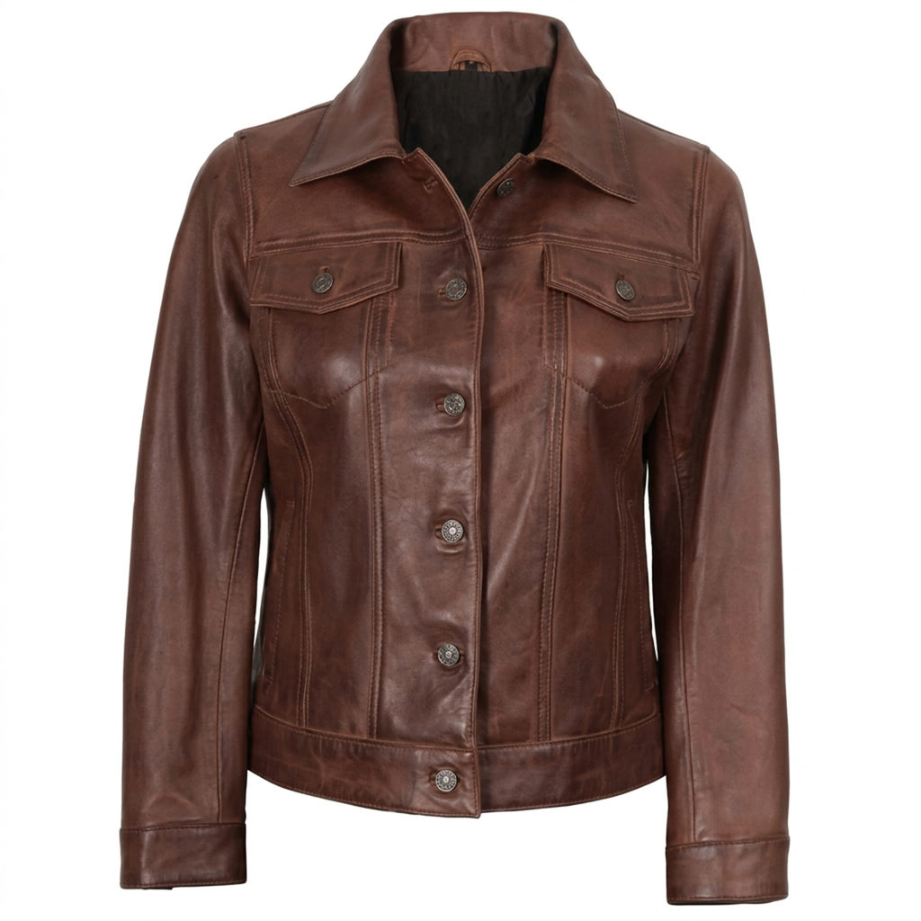 Women's Cognac Trucker Leather Jacket