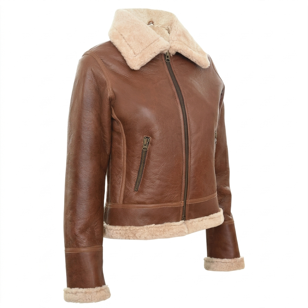 Women's Cognac Leather Shearling Aviator Jacket