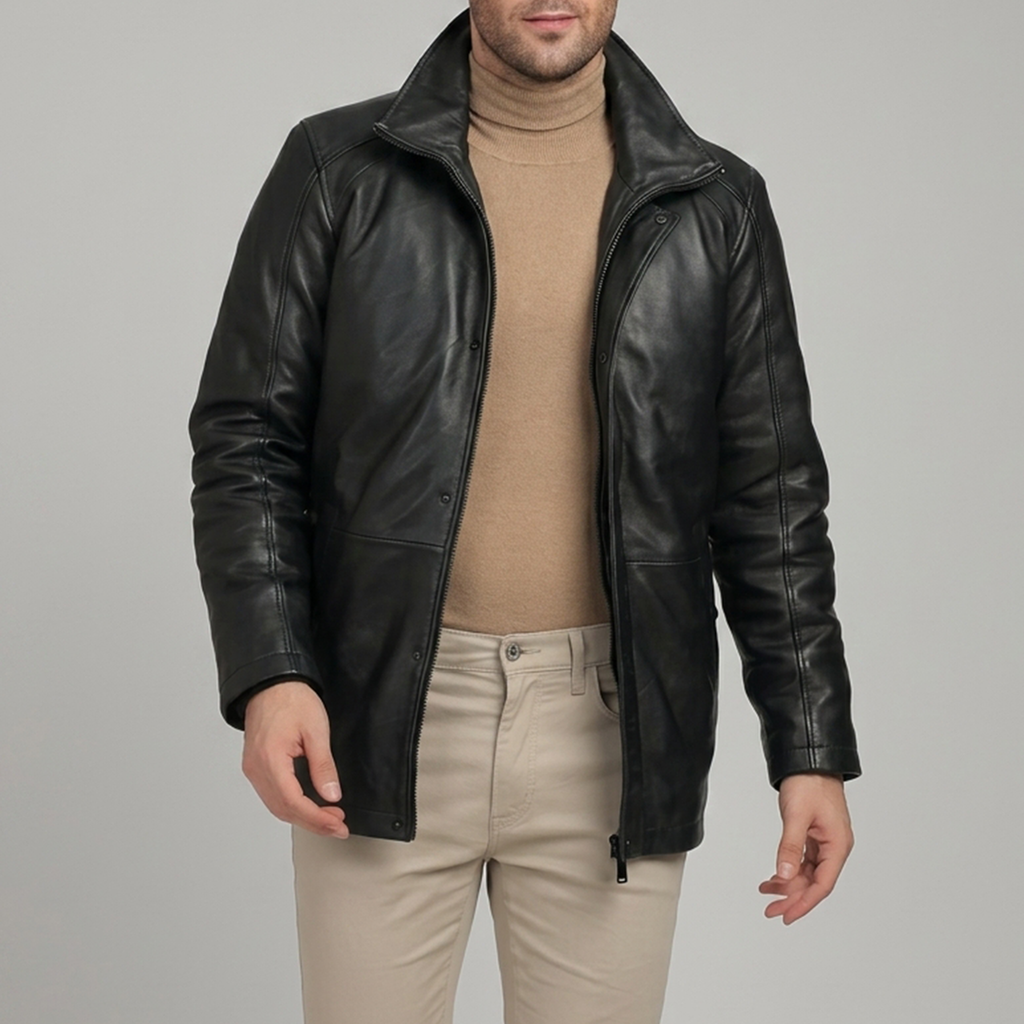 Men's Black Leather Stand Collar Car Coat