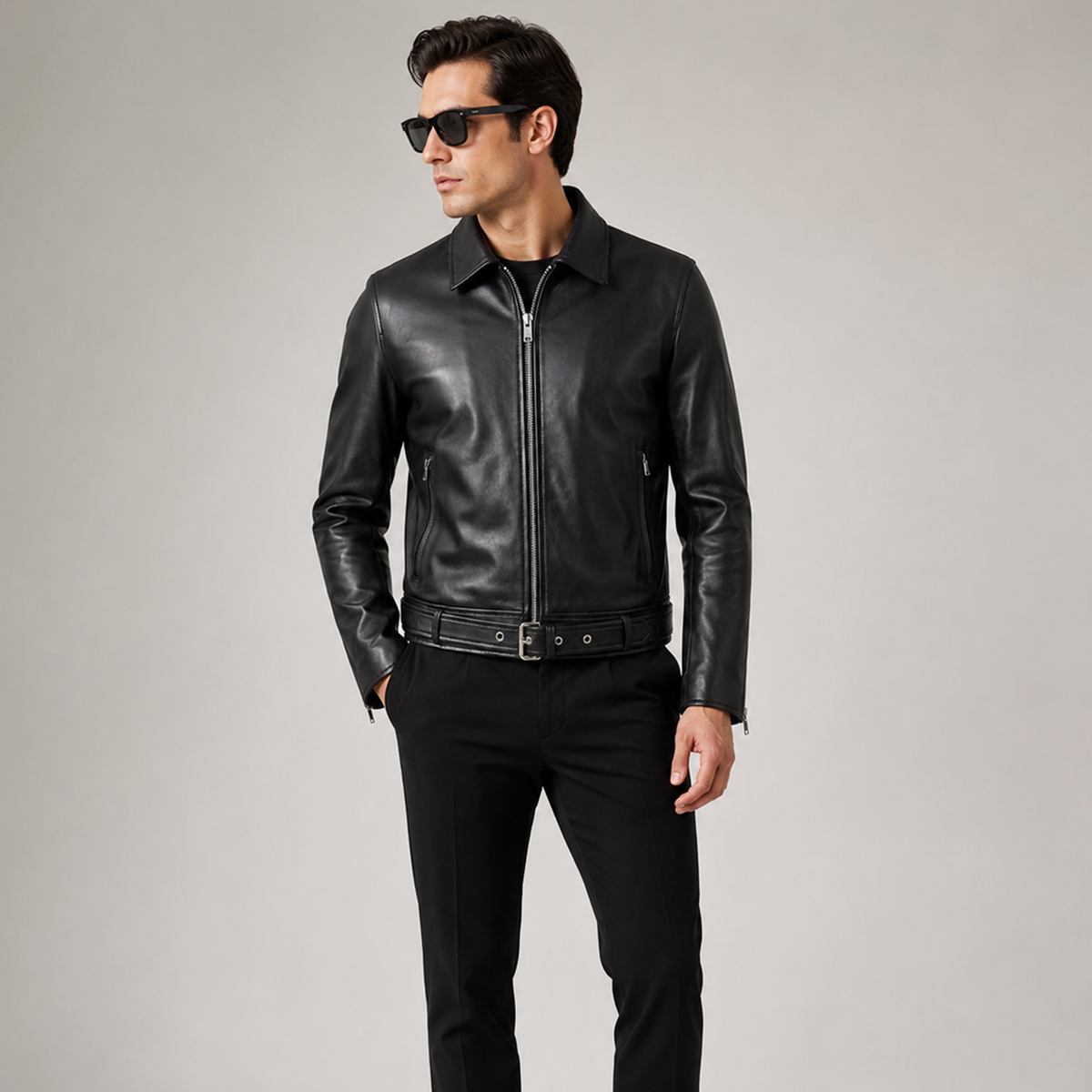 Men Belted Shirt-Collar Leather Jacket Black