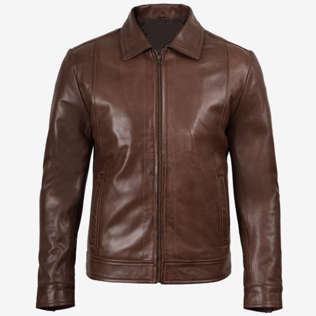 Men’s Vintage-Style Shirt Collar Leather Jacket Cognac Waxed