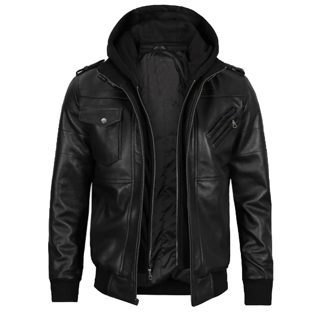 Men’s Black Leather Bomber Jacket with Detachable Hood