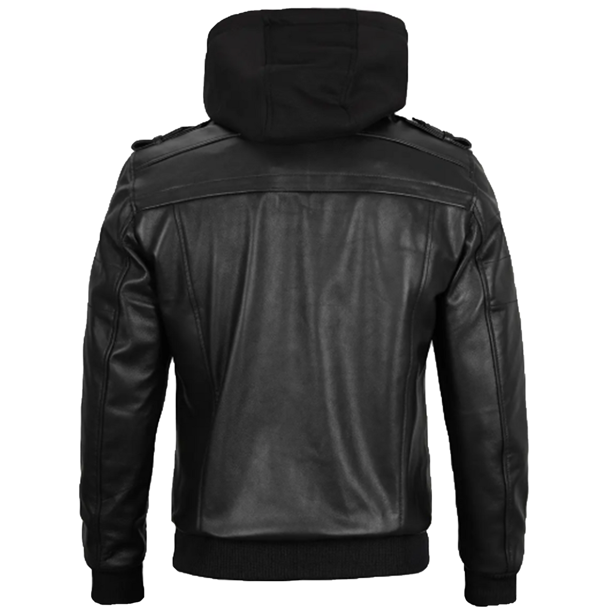 Men’s Black Leather Bomber Jacket with Detachable Hood