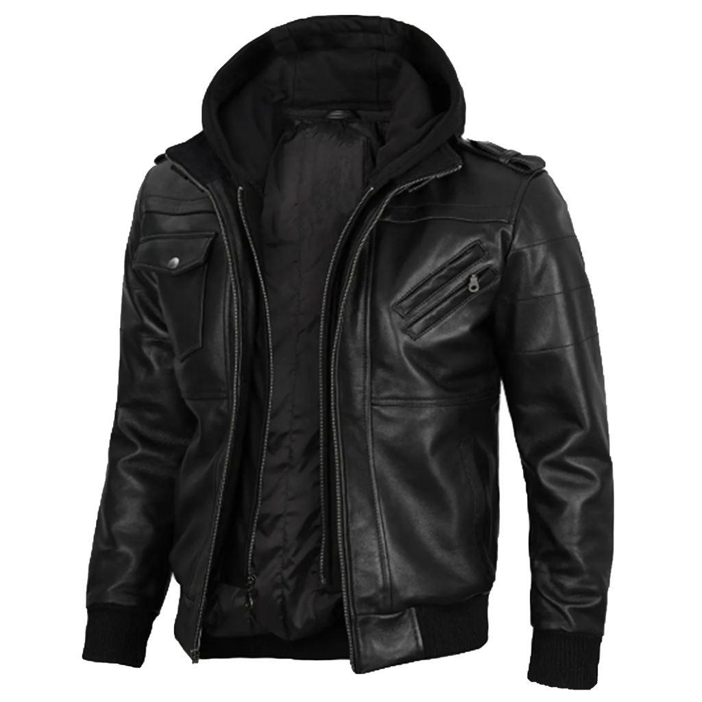 Men’s Black Leather Bomber Jacket with Detachable Hood