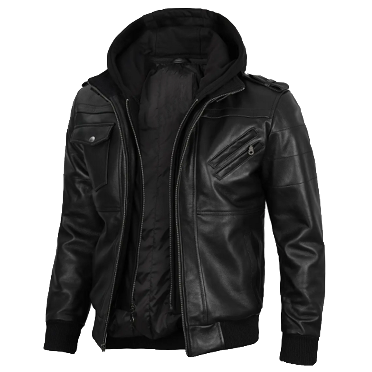 Men’s Black Leather Bomber Jacket with Detachable Hood