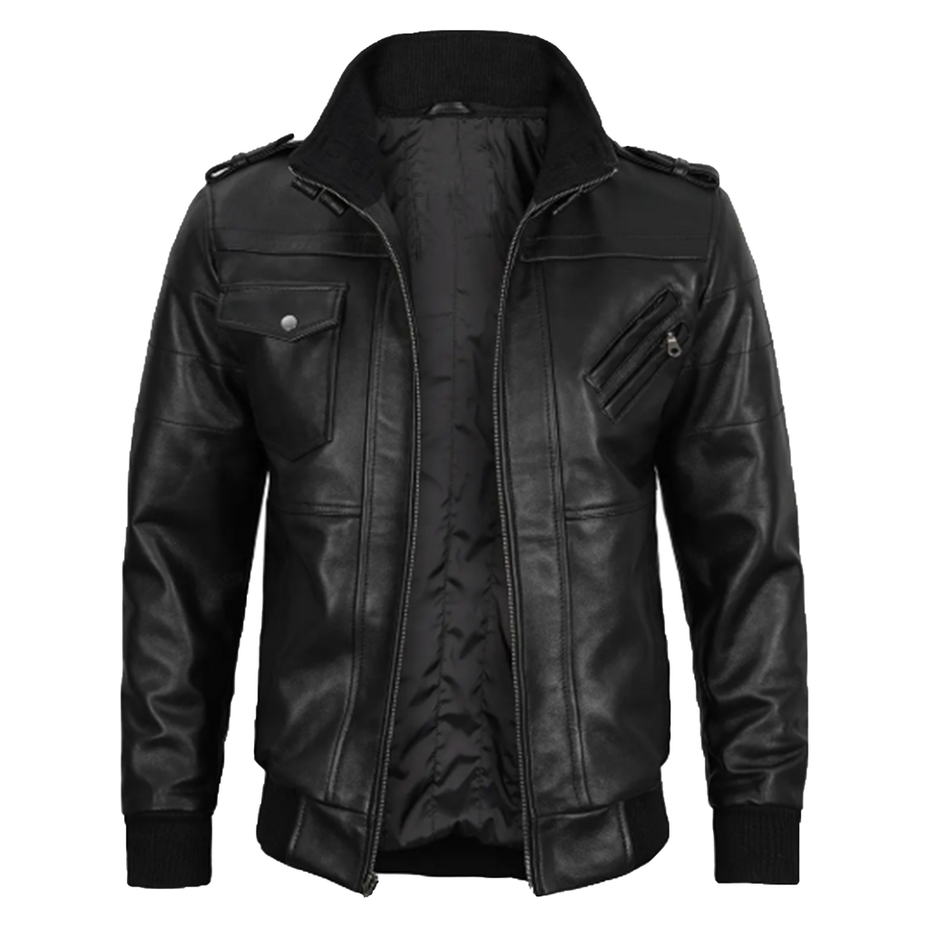Men’s Black Leather Bomber Jacket with Detachable Hood