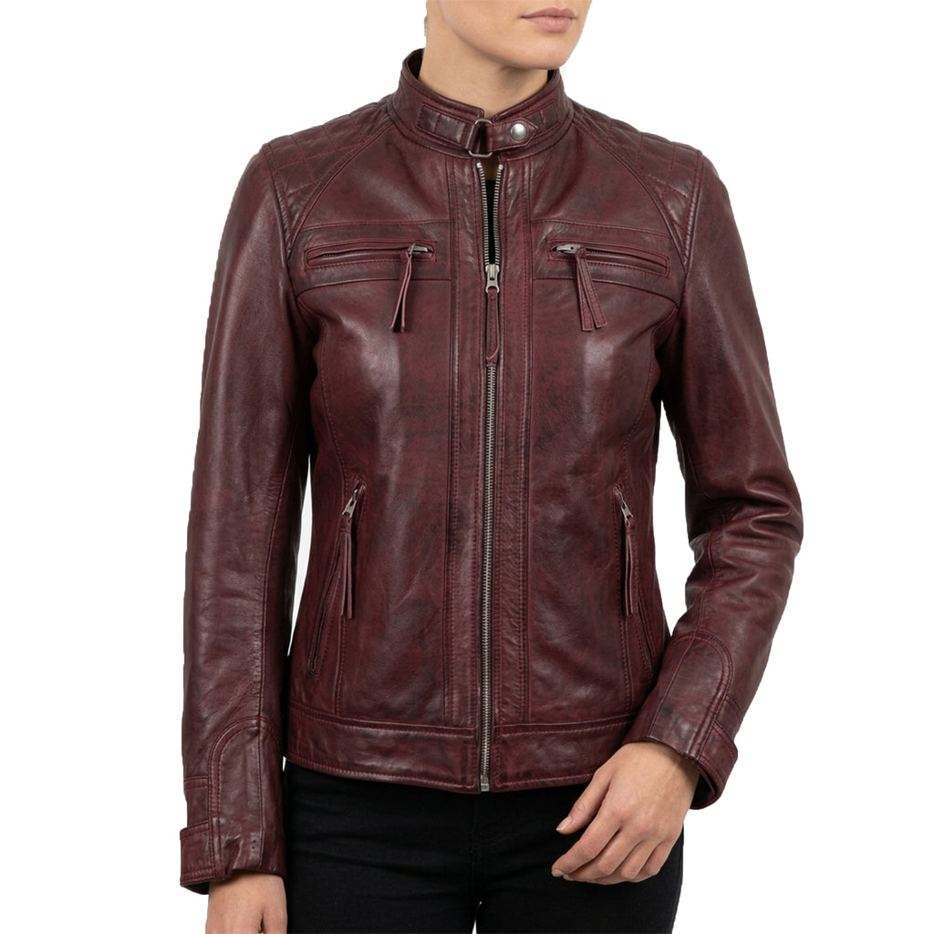 Women's Maroon Wax Leather Cafe-Racer Jacket